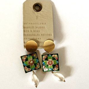 NWT Anthropologie Flower Enamel and Pearl Drop Earrings